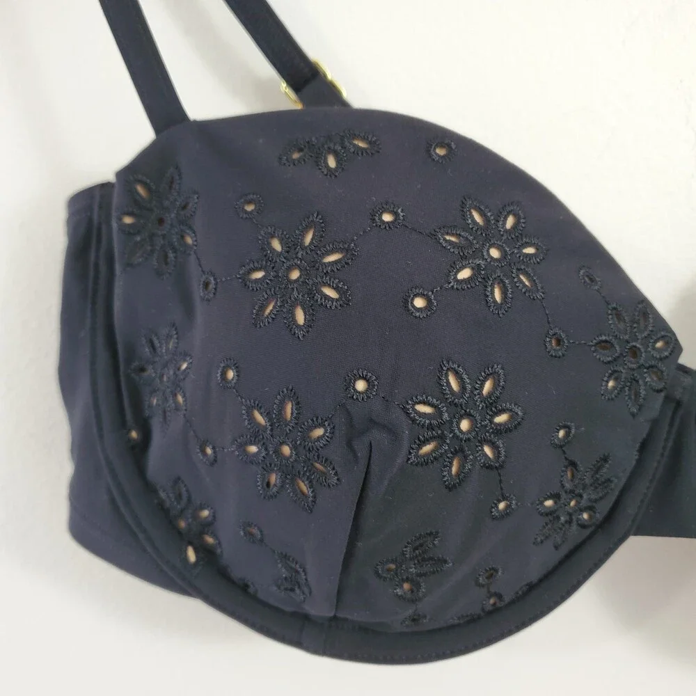 NWT Tory Burch L Broderie Anglaise Underwire Bikini Top Black Gold Eyelet Swim